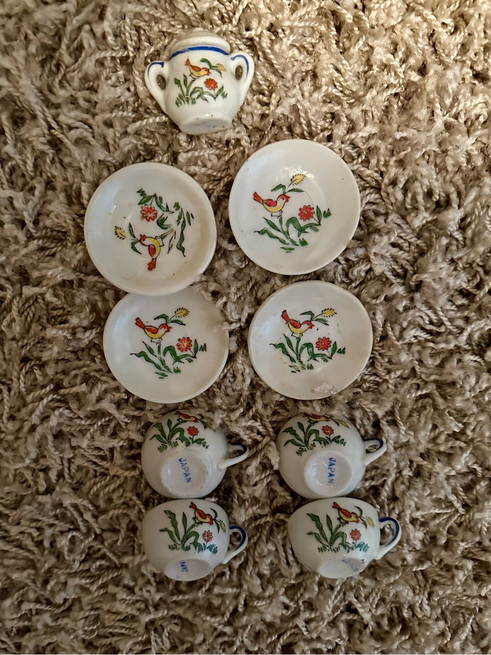 Hand-Painted Miniature Doll Size Ceramic Tea Set in White with Red & Green Motif